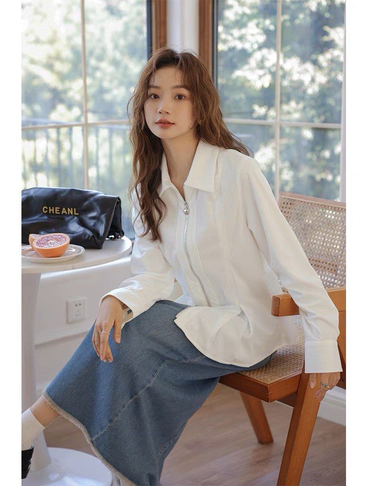 Classic Zip Up White Shirt with Heart Details