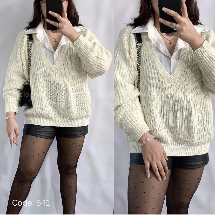 Knitted cream color V neck sweater, Women's Fashion, Coats, Jackets and ...