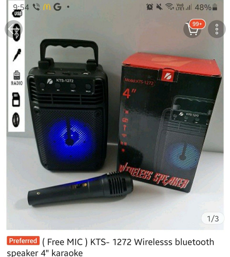 KTS-1272 Wireless Bluetooth Speaker 4" Karaoke (Category: Portable Audio Accessories) located in Taguig. Submitted by misskweezy (Listing ID 1215229905, Image 1). Description: KTS-1272 Wireless Bluetooth Speaker 4" Karaoke *no mic Brand New Taker shoulders sf. PIOG.