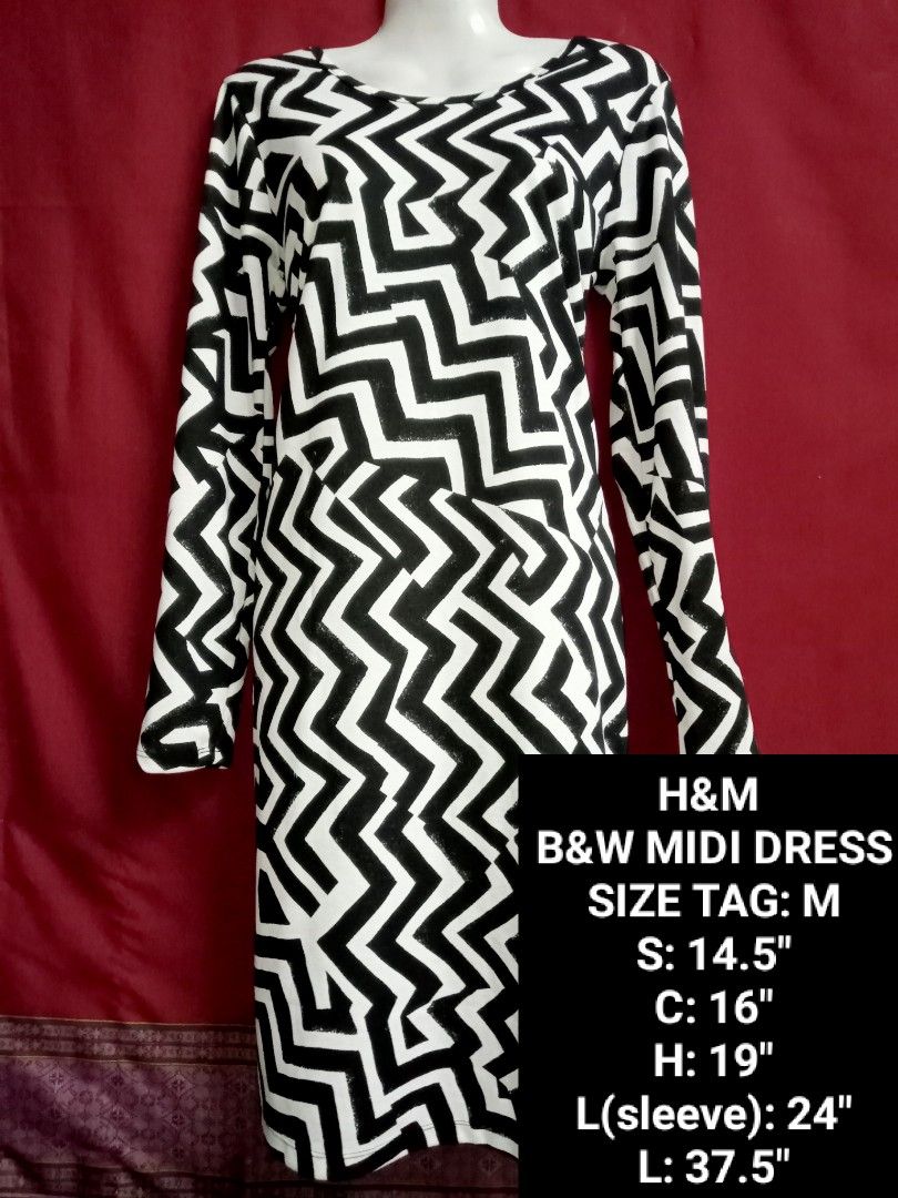 M H M ZIGZAG MIDI DRESS BLACK WHITE DRESS LONGSLEEVES DRESS SIZE M
