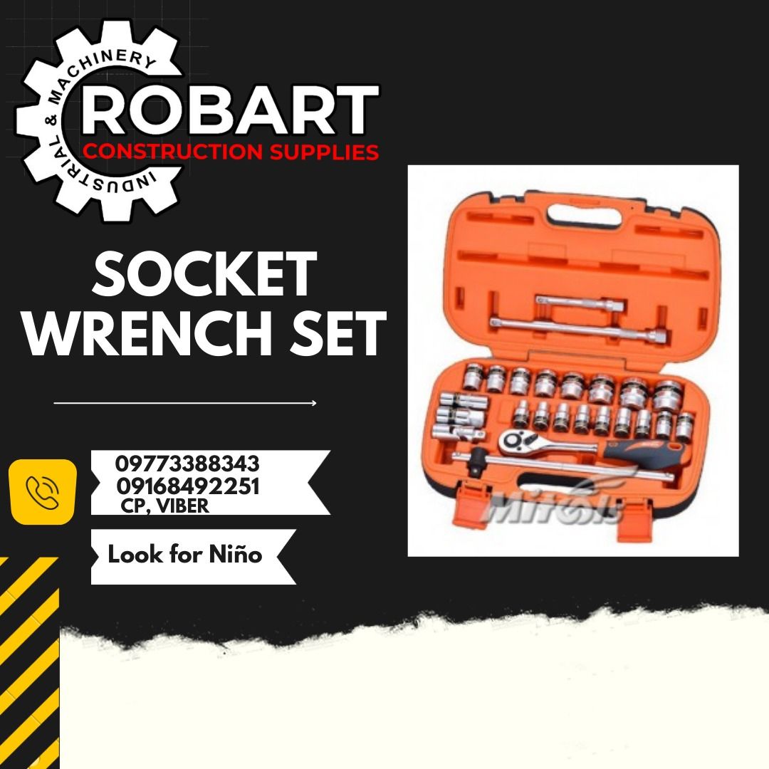 MITOOLS SOCKET WRENCH SET (Category: Construction Tools & Equipment) located in Manila. Submitted by ninoparede24925 (Listing ID 1215216215, Image 1). Description: SOCKET WRENCH SET 1/2 sq. dr. x 8 - 32mm 12pts. (25pcs/set) Contents: 8, 10, 11, 12, 13, 14, 15, 16, 17, 18, 19, 21, 22, 24, 27, 30, 32mm, Ratchet handle, Universal joint, Sliding-T, Extension bar 5" & 10", Spark plug Socket 16/21mm, Case. Model:4025AABP Also available: 1/2 sq. dr. x 8