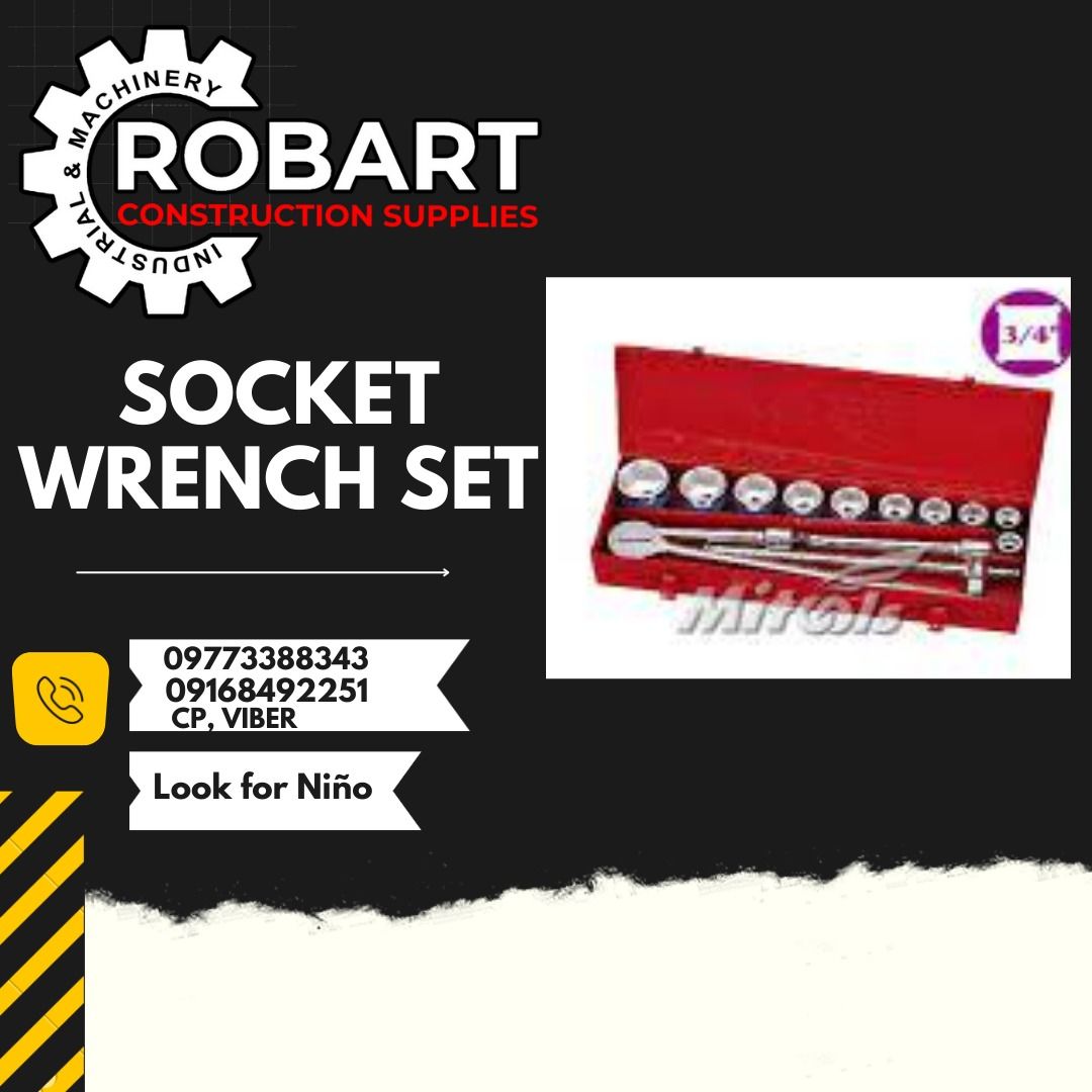 MITOOLS SOCKET WRENCH SET (Category: Construction Tools & Equipment) located in Manila. Submitted by ninoparede24925 (Listing ID 1215218567, Image 1). Description: MITOOLS SOCKET WRENCH SET 3/4 sq. dr. x 22 - 50mm 6pts. (15pcs/set) Contents: 22, 24, 27, 30, 32, 36, 38, 41, 46, 50mm Ratchet handle, Sliding Tee, Extension bar 200mm & 400mm & Metal box. Model:615AAM - - for faster transaction: look for:Niño Paredes call/text/viber:09168492251 :09773