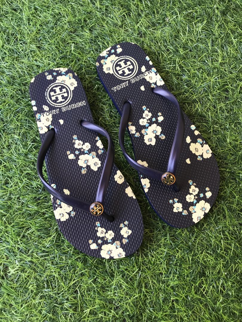 TORY BURCH Flower Flip Flop Navy Blue