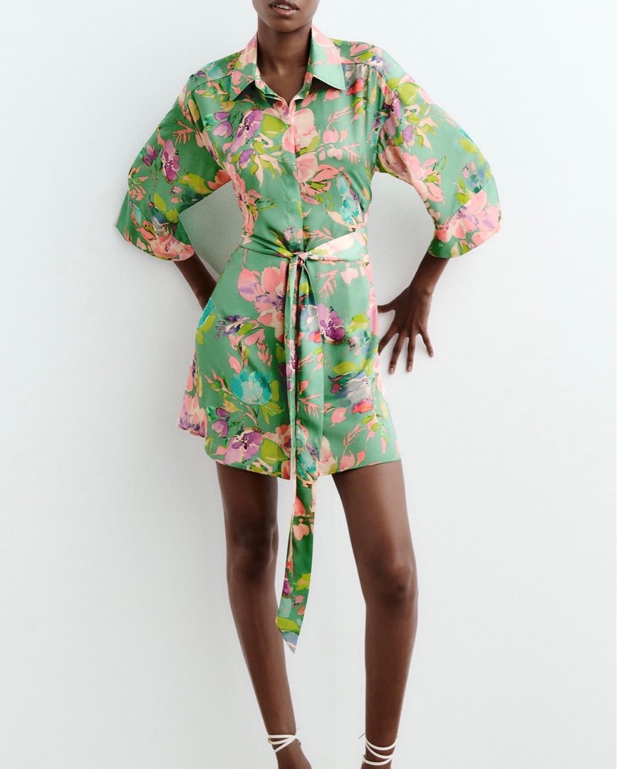 Zara original satin floral dress, Fesyen Wanita, Pakaian Wanita, Gaun