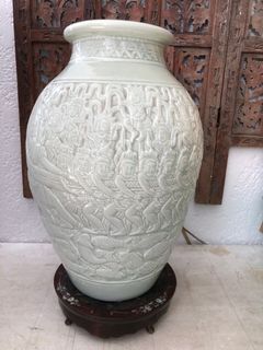 Antique Big Celadon Vase with Wooden Stand