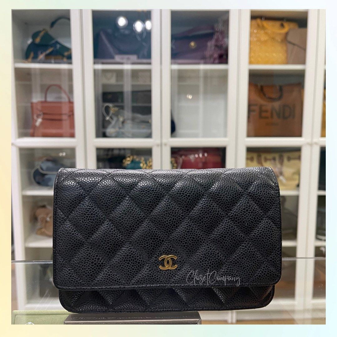 New CHANEL 23 Wallet on Chain Caviar Leather Black WOC Bag Gold MICROCHIP  FRANCE 