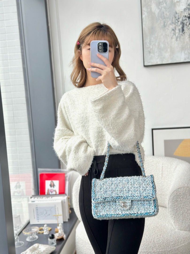 Chanel Medium Classic Double Flap Bag Blue Tweed Silver Hardware