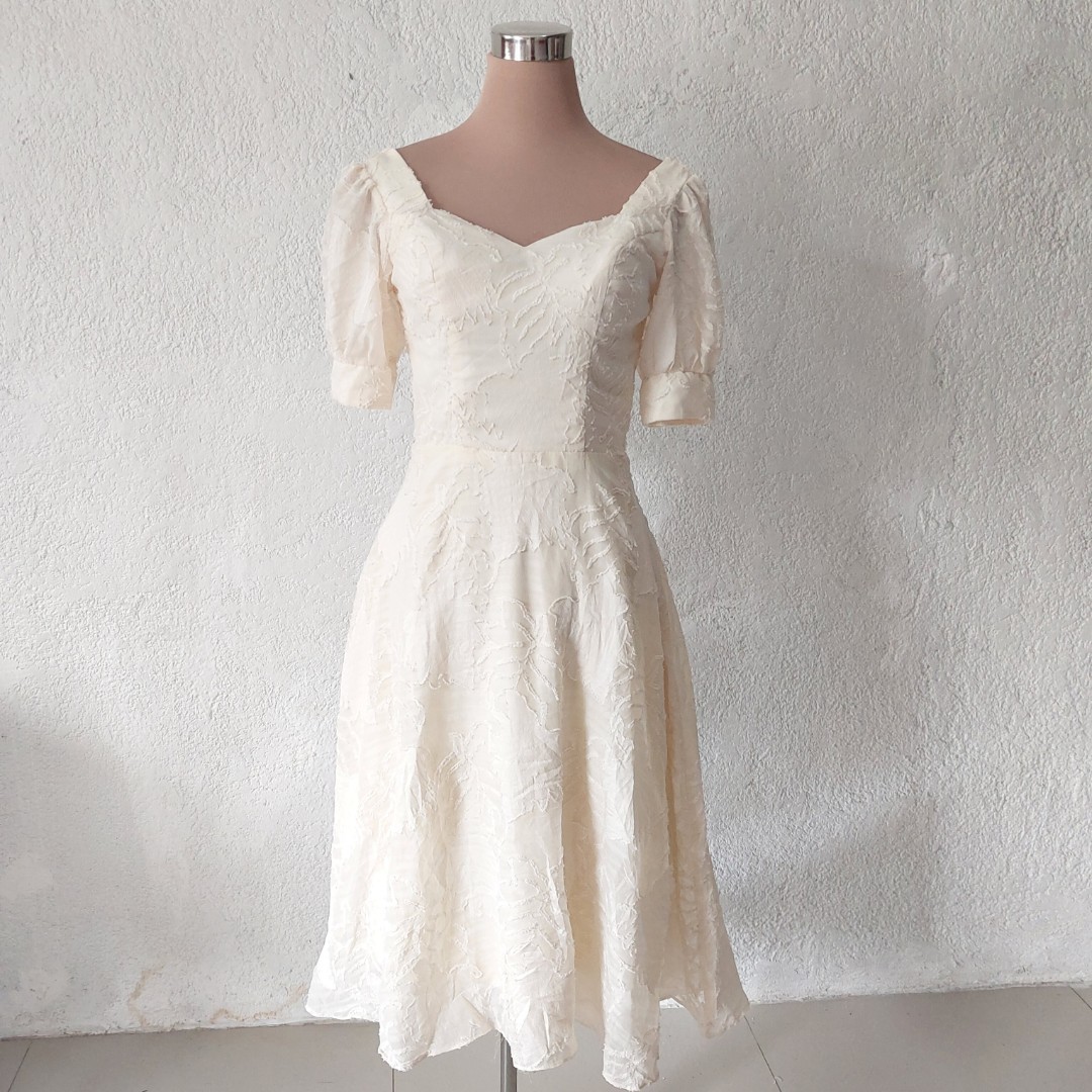 Cream dress midi dress textured dress ninang dress civil wedding dress ...