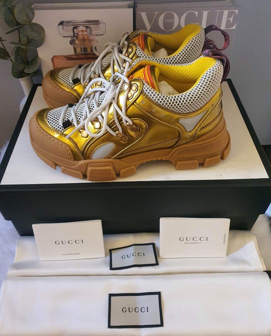 Gucci Flashtrek Sega Metallic Gold, Luxury, Sneakers & Footwear on Carousell