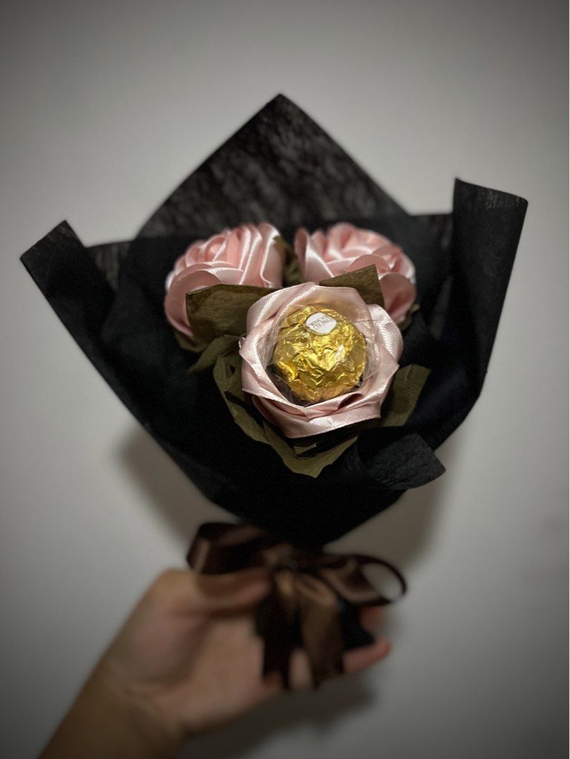 [CHEAPEST HANDMADE BOUQUET] Handmade Pink Ribbon Roses/Flowers With Ferrero Rocher Rose Bouquet