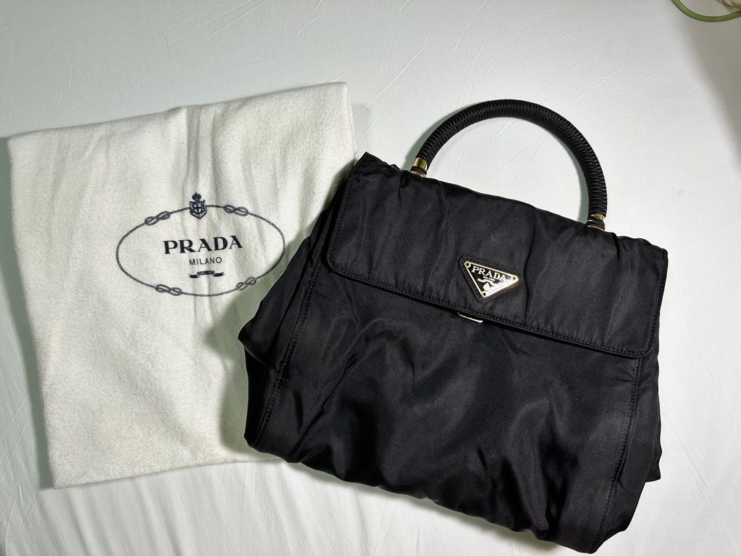 VINTAGE PRADA BLACK NYLON TOTE BAG PATENT LEATHER STRAP METAL CLOSURE  UNISEX