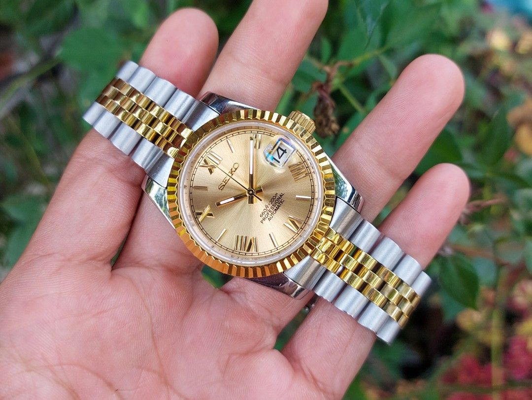 Seiko Custom Build DATEJUST HOMAGE Gold Dialed Automatic Watch, Luxury,  Watches on Carousell
