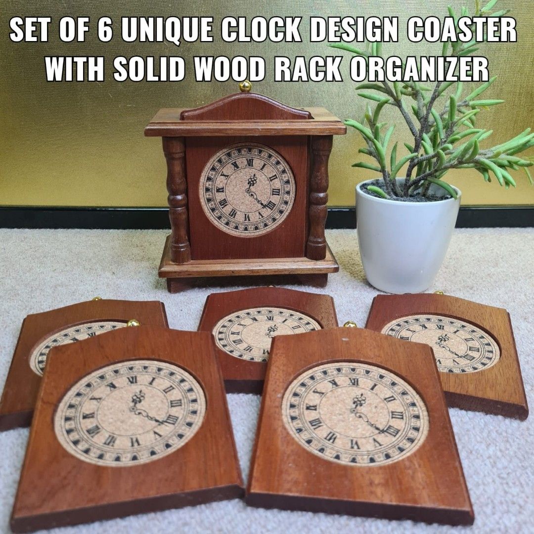 SET OF 6 UNIQUE CLOCK DESIGN COASTER WITH SOLID WOOD RACK ORGANIZER