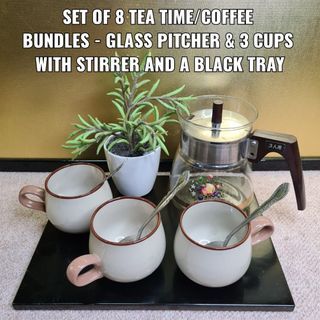 SET OF 8 TEA TIME/COFFEE BUNDLES - GLASS PITCHER & 3 CUPS WITH STIRRER AND A BLACK TRAY