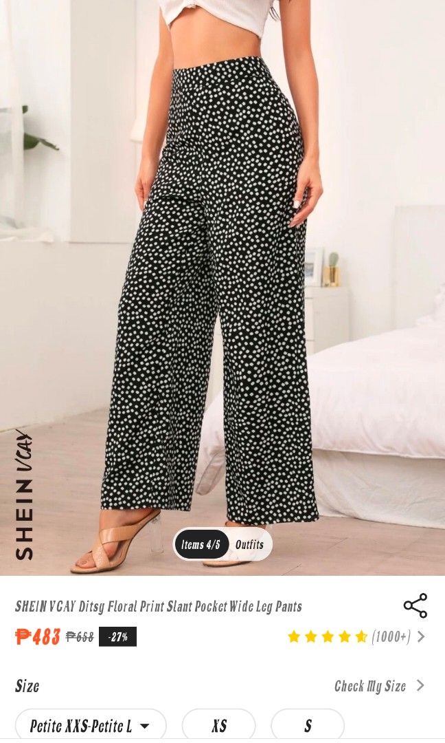 SHEIN Frenchy Paperbag Waist Ditsy Floral Print Wide Leg Pants