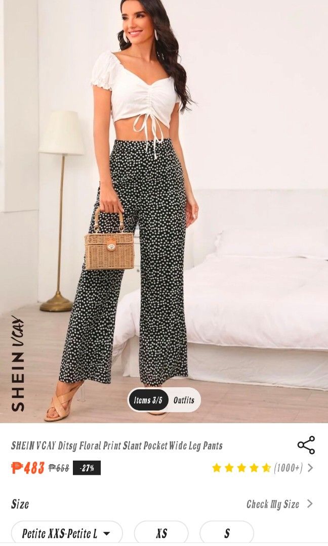 SHEIN VCAY Floral Print Ruffle Trim Tie Back Crop Top & Wide Leg Pants