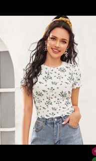 Shein Lettuce trim floral rib knit top