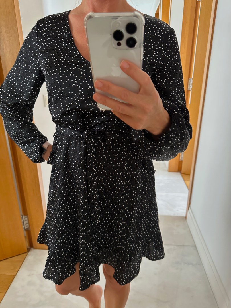 navy polka dot dress long sleeve