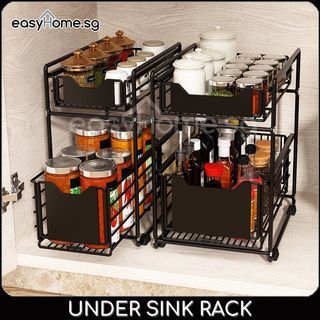 1pc 2-Tier Black Under Sink Storage Organizer Sliding Drawer Multi-purpose  Rack Cabinet Under Sink Storage Rack Bathroom Kitchen Organizer