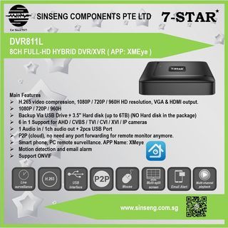 7-STAR* XMEye Full-HD Hybrid 6 in 1 8CH DVR Support:5MP/2MP 1080P TVI CVI AHD CVBS 960H ANALOG, IP CCTV Camera (HDMI & VGA Output)
