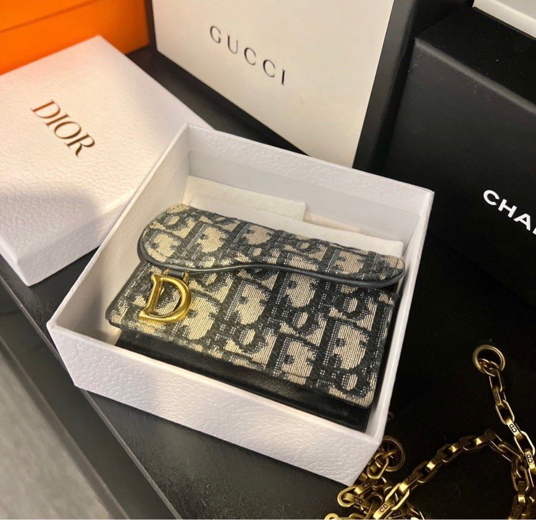 Authentic Christian Dior Saddle flap cardholder with chain, Luxury