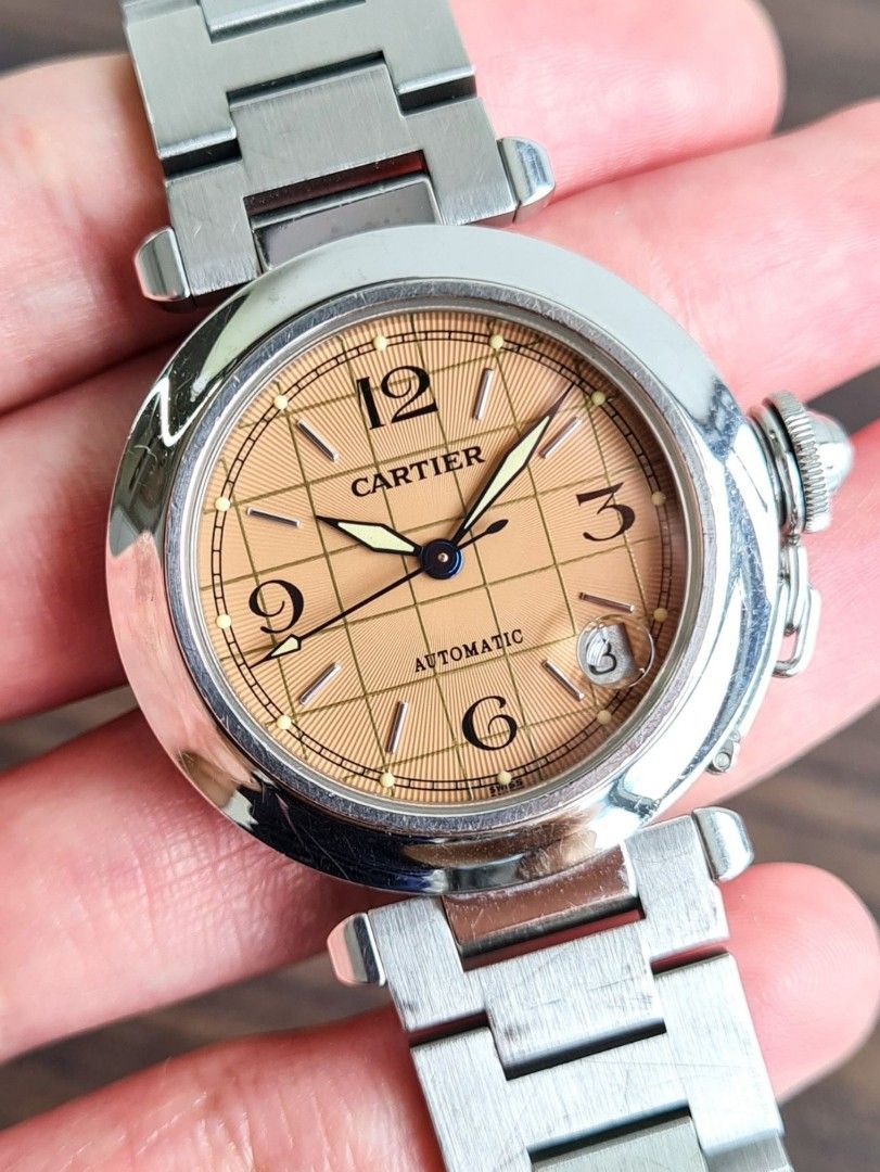 Cartier Pasha C 2324 Automatic Sports Watch with Uncommon Gold Grid Salmon Sunray Dial