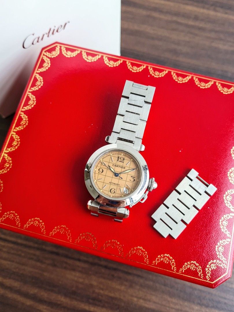 Cartier Pasha C 2324 Automatic Sports Watch with Uncommon Gold Grid Salmon Sunray Dial