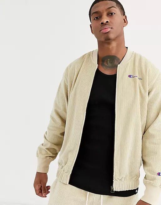 Champion Reverse Weave corduroy bomber sweatshirt in beige Men s Fashion Coats Jackets and Outerwear on Carousell