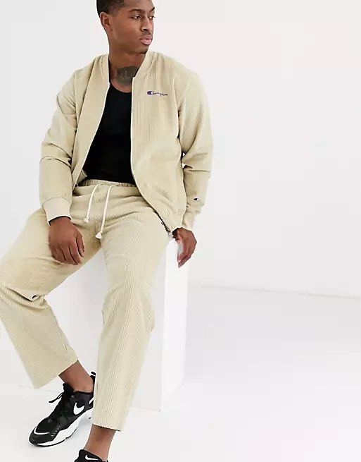 Champion Reverse Weave corduroy bomber sweatshirt in beige Men s