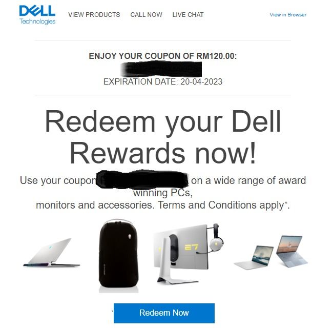 Dell Rewards Voucher Coupon Worth RM120, Minimum Spend RM360, Expiry  20/04/23, Tickets & Vouchers, Vouchers on Carousell