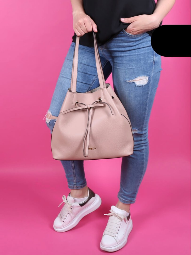 Furla Costanza Bow Leather Bucket Bag Poudre Women s Fashion