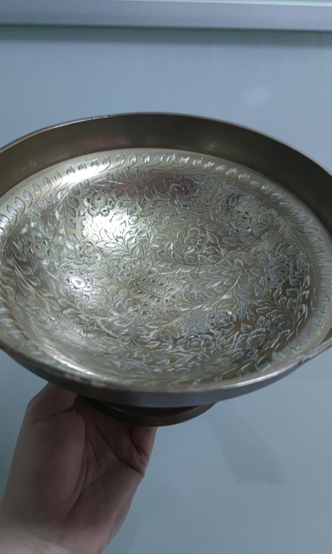 Golden brass bowl with engraved motif design, Furniture & Home Living