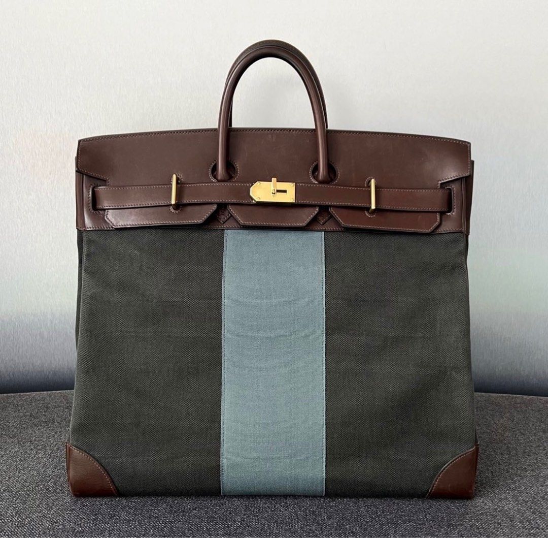 Hermes HAC Birkin Bag Toile and Brown Barenia with Gold Hardware