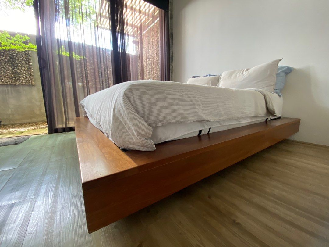 Japanese style floating bed frame in solid wood, Furniture & Home