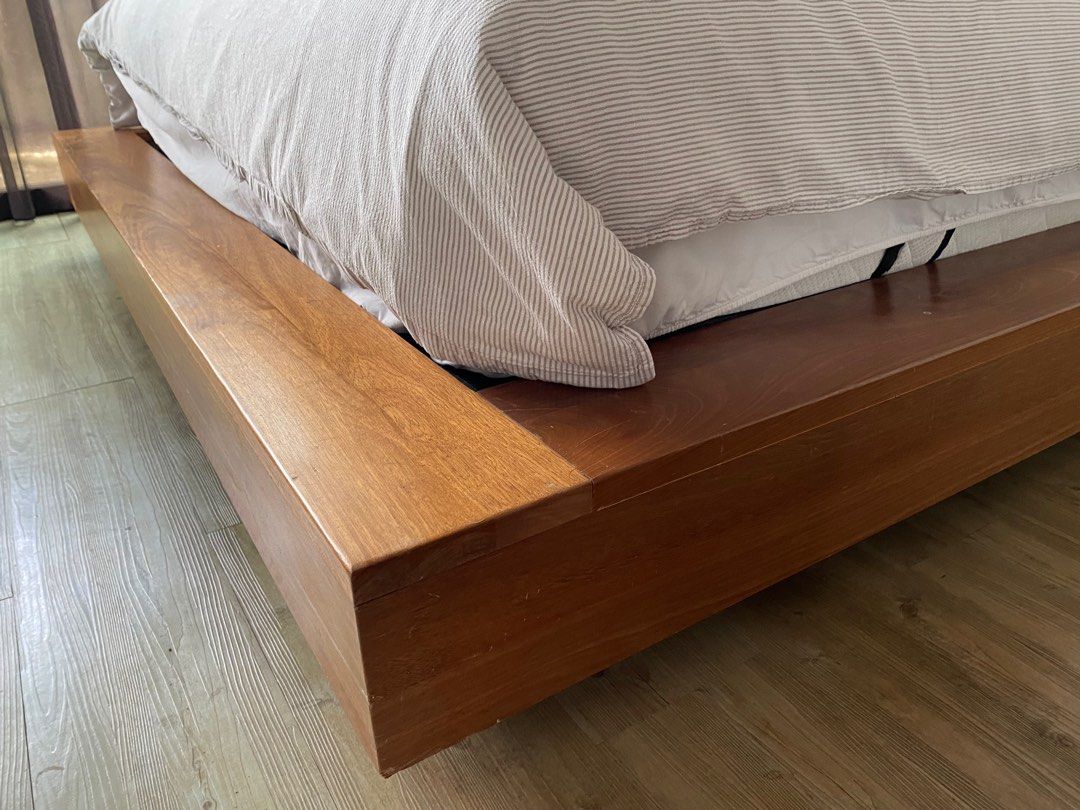 Japanese style floating bed frame in solid wood, Furniture & Home