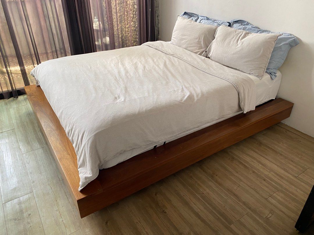 Japanese style floating bed frame in solid wood, Furniture & Home