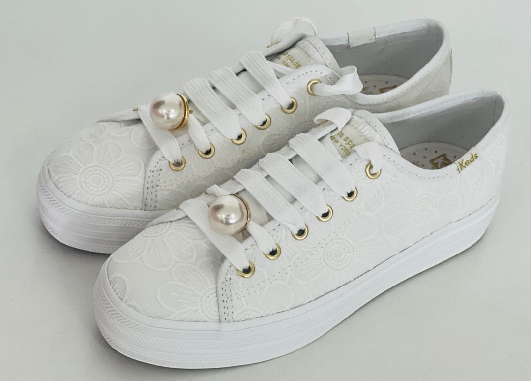 KEDS X KATE SPADE TRIPLE KICK FLORAL EYELET & PEARL WHITE WEDGE PLATFORM  SNEAKERS