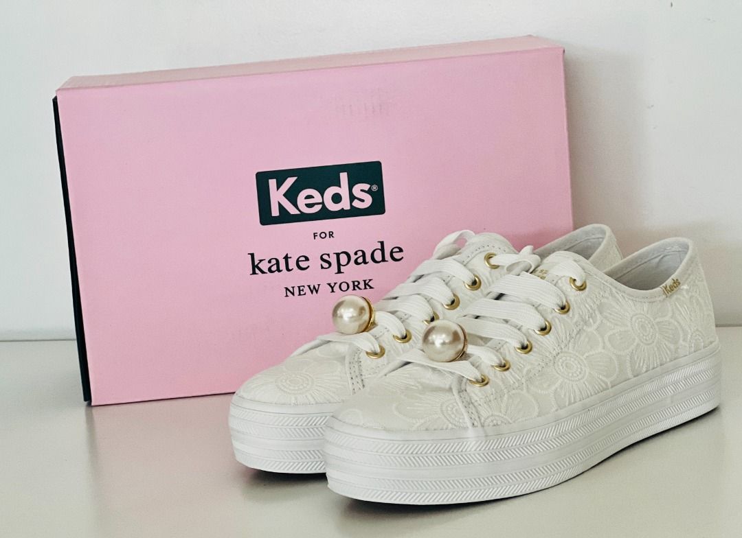 KEDS X KATE SPADE TRIPLE KICK FLORAL EYELET & PEARL WHITE WEDGE PLATFORM  SNEAKERS