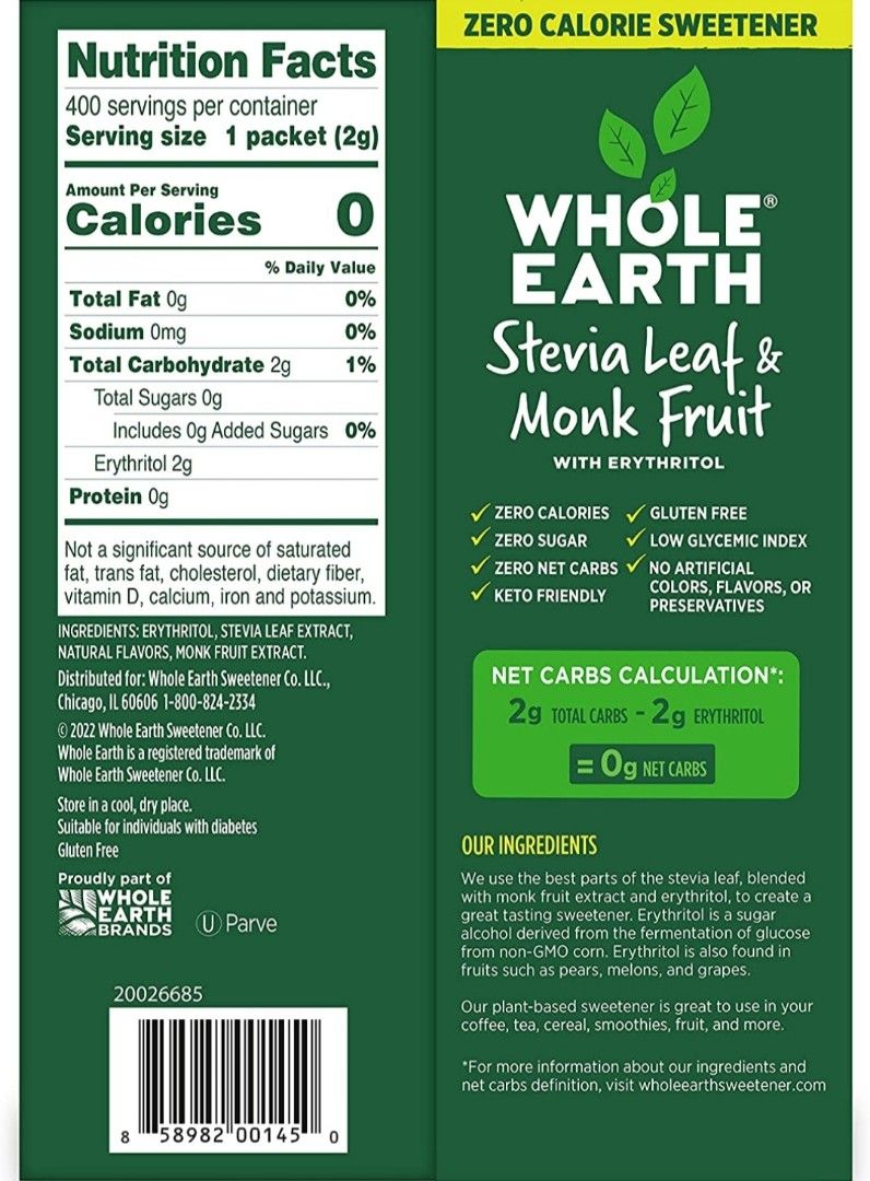 WHOLE EARTH Stevia & Monk Fruit Plantbased Sweetener, 400 Packet