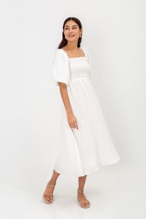LAB CASIE PUFF SLEEVE SMOCKED MIDI DRESS
