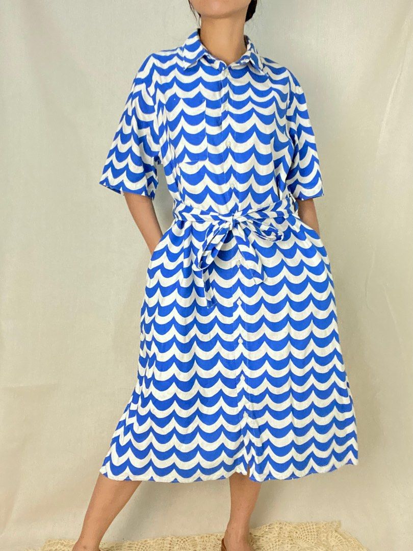 MARIMEKKO: Blue LINEN/Cotton wave button down dress, Women's Fashion,  Dresses & Sets, Dresses on Carousell