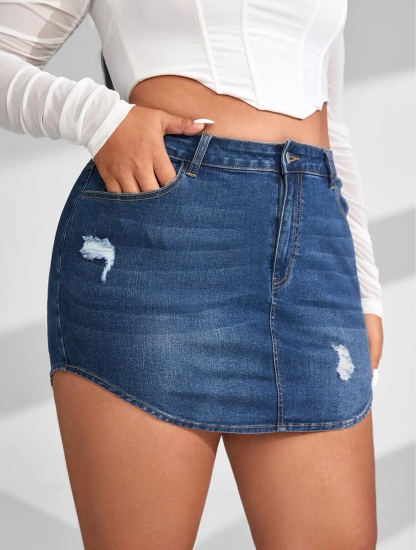 Plus Size High Waist Ripped Denim Skirt Women s Fashion Bottoms Skirts on Carousell