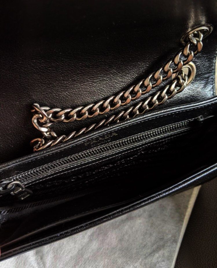 Prada Pattina Black Calf Leather Studded Flap Chain Crossbody Bag