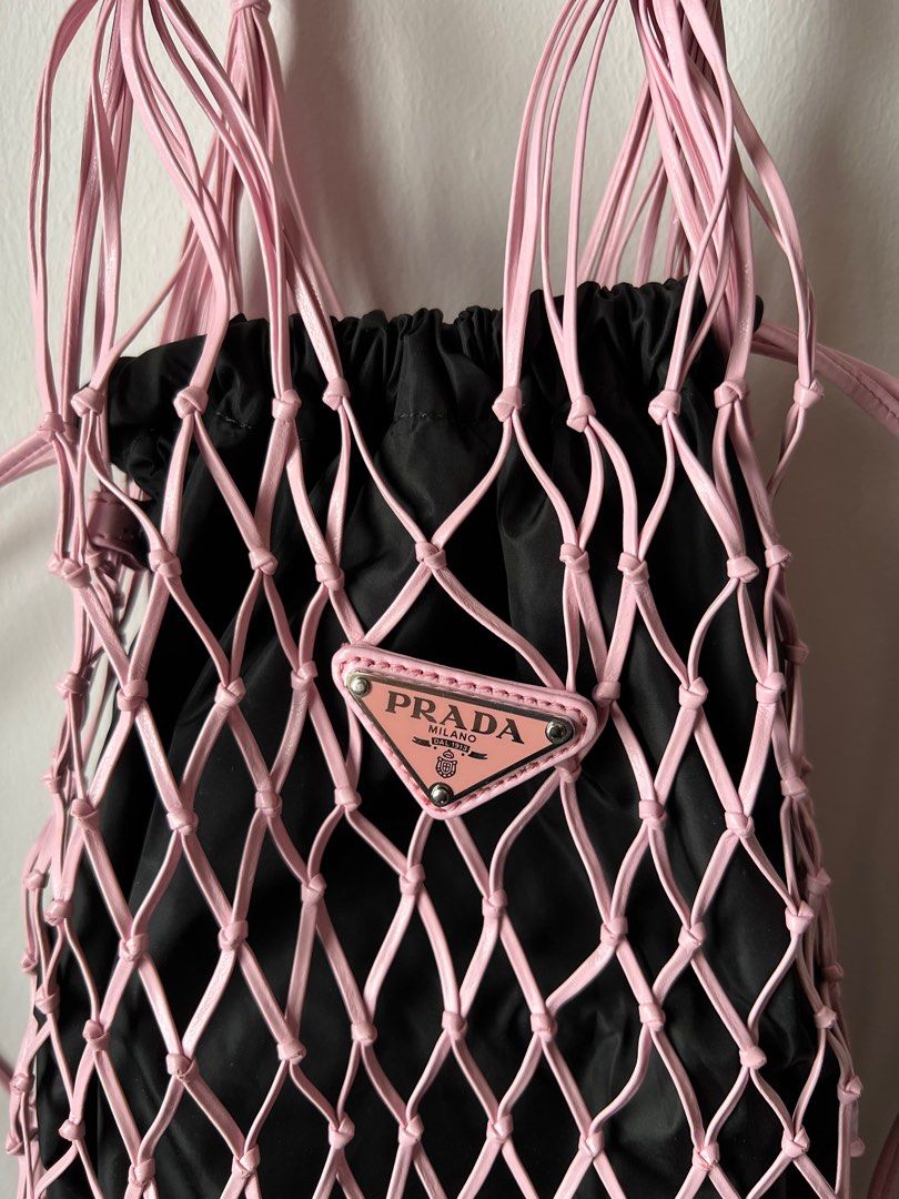 PRADA black leather net woven pink satin triangle logo drawstring crossbody  bag