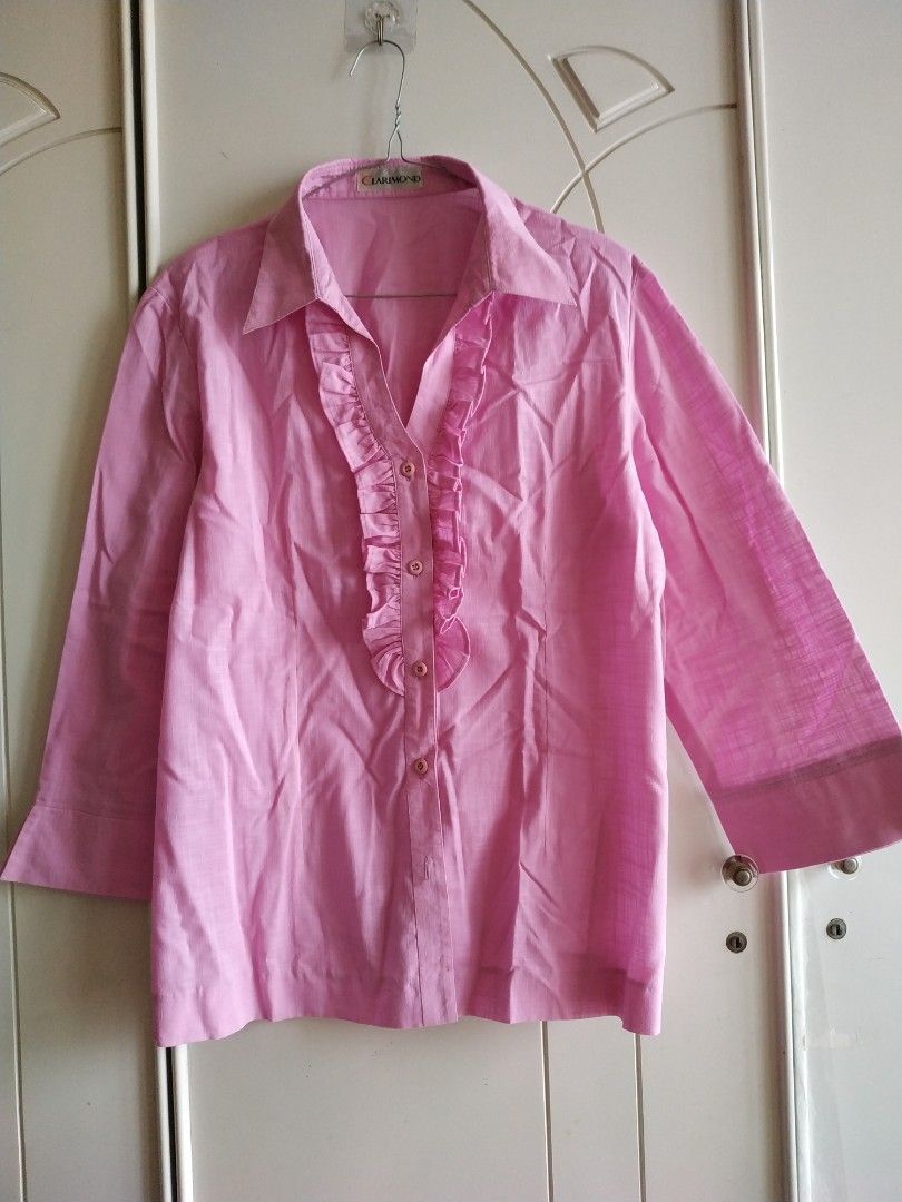 Ruffle Linen Top, Fesyen Wanita, Pakaian Wanita, Atasan di Carousell