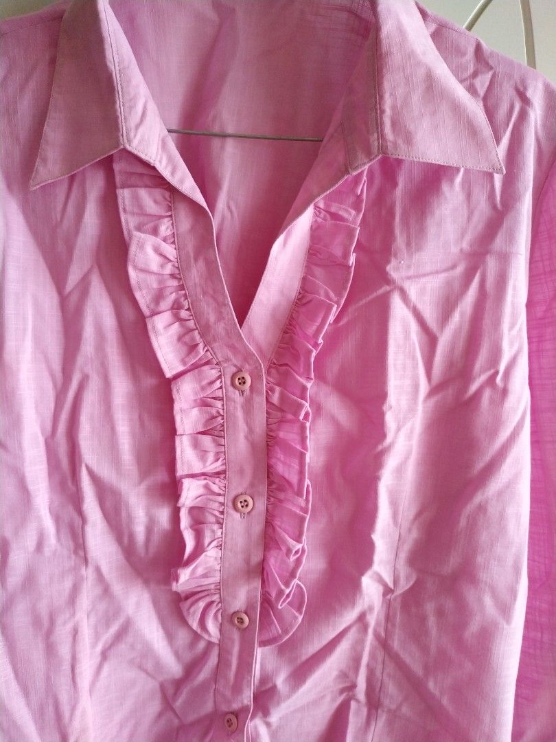 Ruffle Linen Top, Fesyen Wanita, Pakaian Wanita, Atasan di Carousell