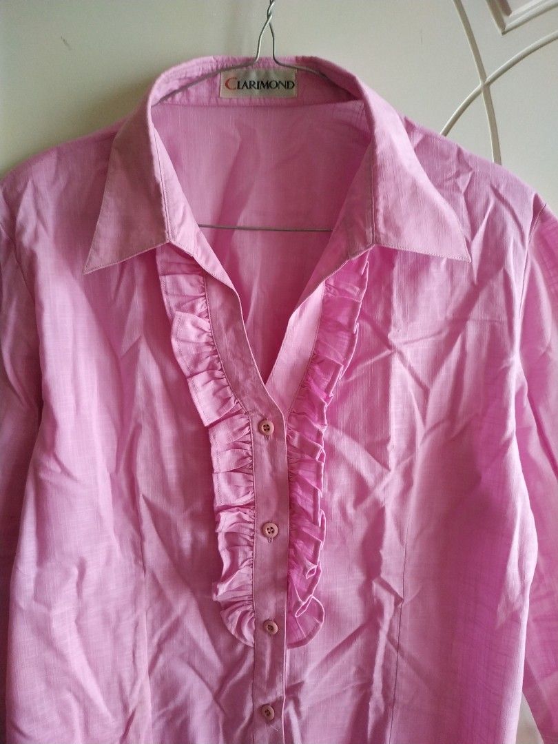 Ruffle Linen Top, Fesyen Wanita, Pakaian Wanita, Atasan di Carousell