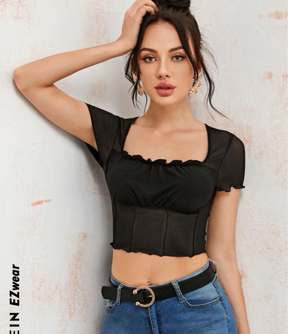 SHEIN lettuce trim ruched bust mesh crop top (Category: Others Tops) located in Cabanatuan. Submitted by 131keem (Listing ID 1215636875, Image 3). Description: original shein used once lang •xs on tag, pero best fits small •see through, makapal lang sa bust part (sf will be shouldered by the buyer) mop: gcash mod: j&t or lbc.