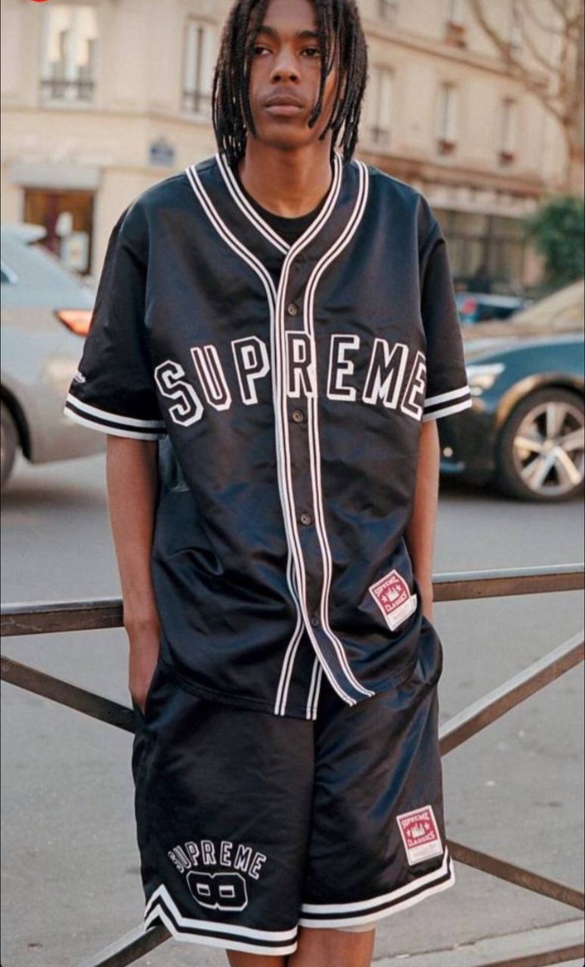 Supreme x Mitchell & Ness Satin Baseball Jersey in Black, Size Small