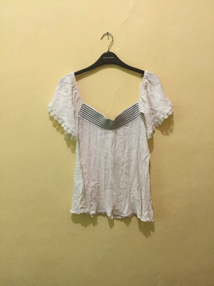 White Sabrina Top, Fesyen Wanita, Pakaian Wanita, Atasan di Carousell